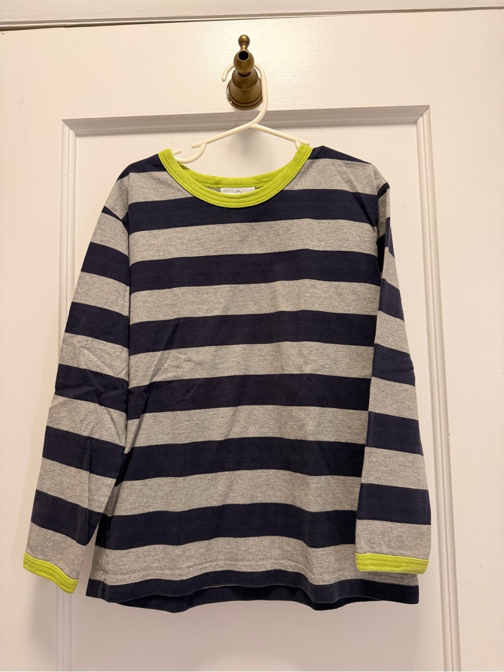 Hanna Andersson Navy & Gray Stripe Long-Sleeve Tee with Lime Trim